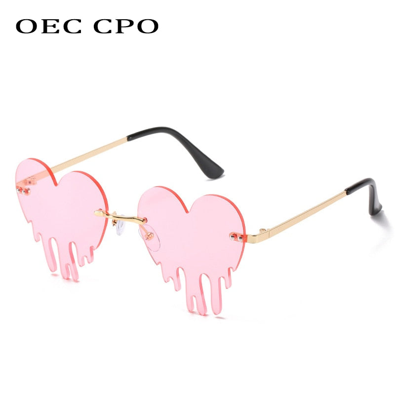 OEC CPO Unique Heart Rimless Sunglasses Women New Fashion Red Blue Tears Shape Sunglasses Female Vintage Steampunk Eyewear UV400