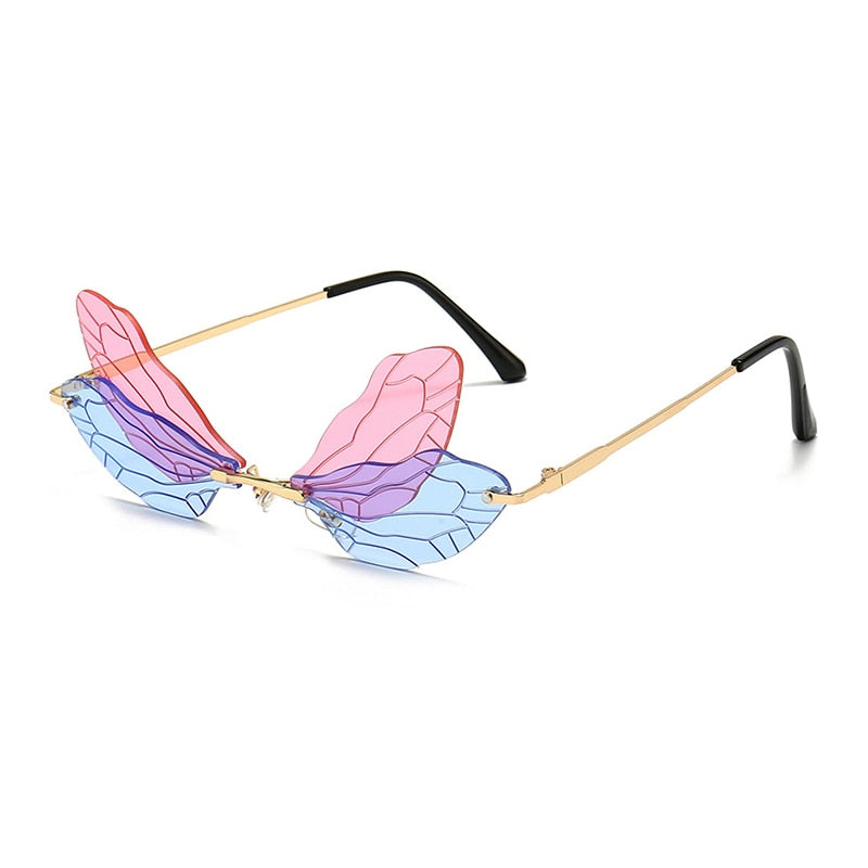 SHAUNA Unique Dragonfly Wing Sunglasses Women Fashion Double Colors Rimless Shades UV400