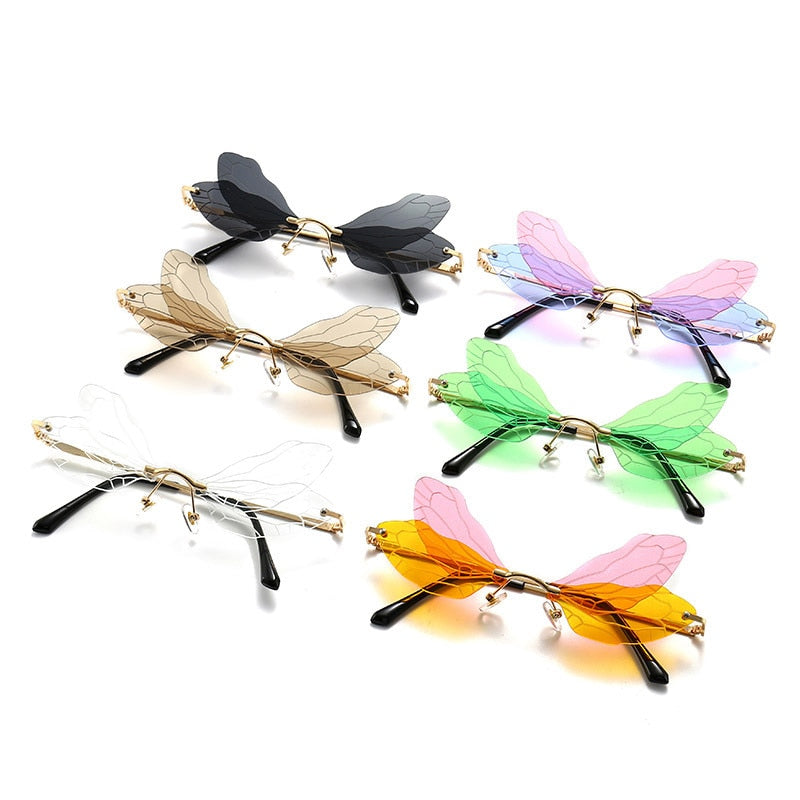 SHAUNA Unique Dragonfly Wing Sunglasses Women Fashion Double Colors Rimless Shades UV400