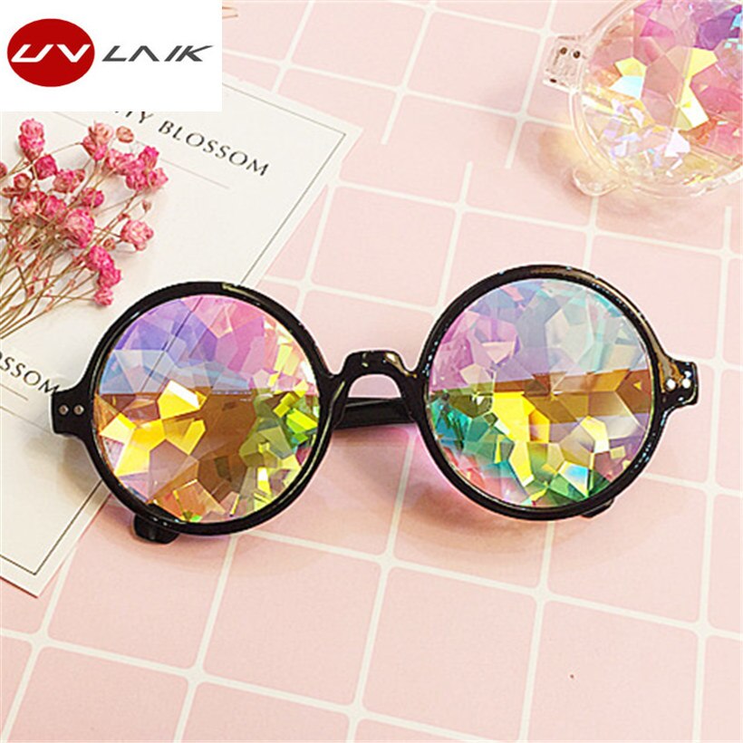 UVLAIK Round Kaleidoscope Glasses Women rave festival Sunglasses Men Holographic Glasses Colorful Celebrity Party Eyewear