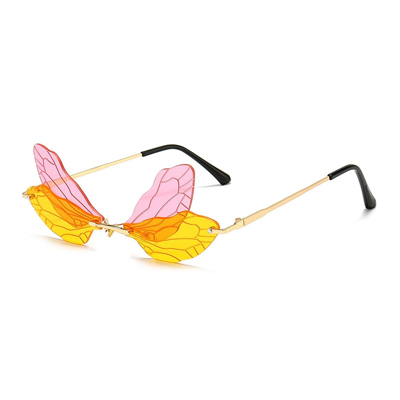 SHAUNA Unique Dragonfly Wing Sunglasses Women Fashion Double Colors Rimless Shades UV400