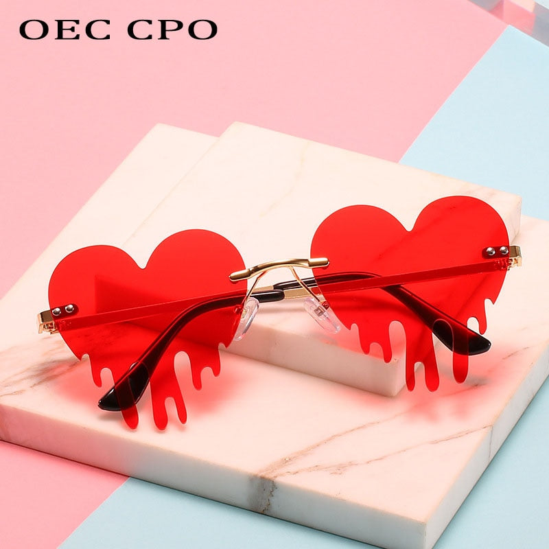 OEC CPO Unique Heart Rimless Sunglasses Women New Fashion Red Blue Tears Shape Sunglasses Female Vintage Steampunk Eyewear UV400