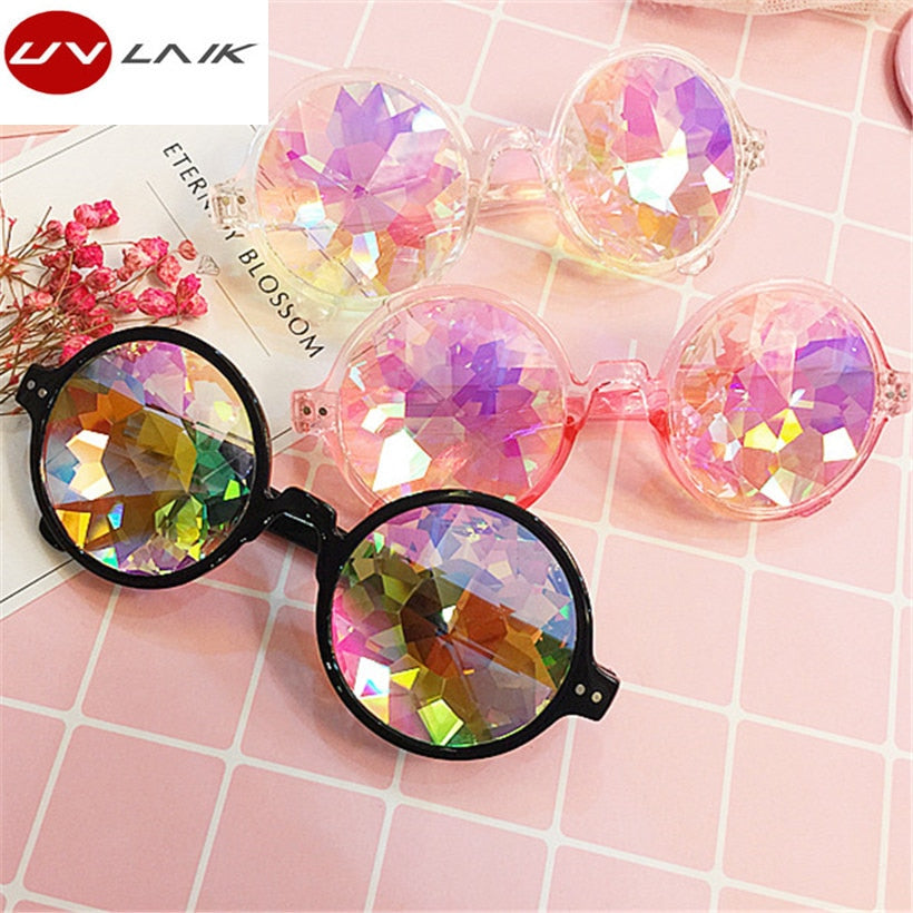 UVLAIK Round Kaleidoscope Glasses Women rave festival Sunglasses Men Holographic Glasses Colorful Celebrity Party Eyewear