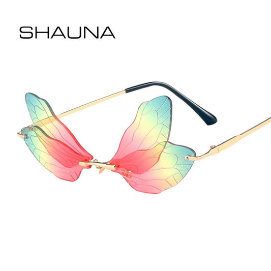 SHAUNA Unique Dragonfly Wing Sunglasses Women Fashion Double Colors Rimless Shades UV400